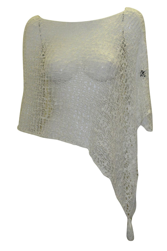 Womens Crochet Poncho Asymmetrical Boho Tassel Shawl Pullover Cover up Free Size 8-20 White