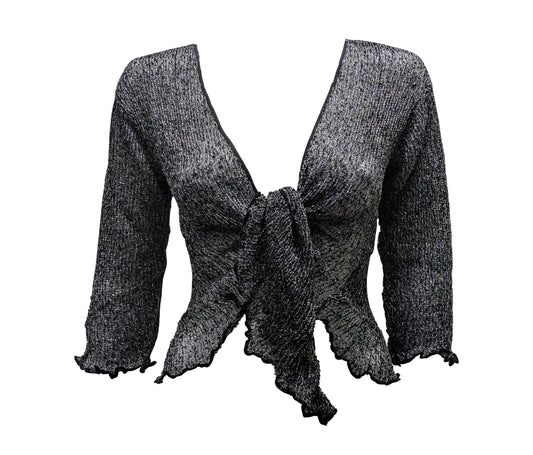 Women's Boho Lurex Knit Shrug Chic Crochet style Cardigan onesize Up To 20 BLACK & SILVER