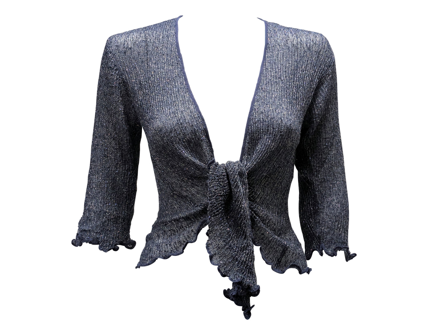 Women's Boho Lurex Knit Shrug Chic Crochet style Cardigan onesize Up To 20 DENIM & SILVER