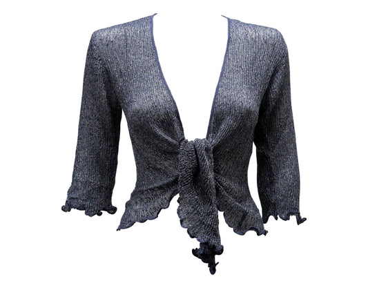 Women's Boho Lurex Knit Shrug Chic Crochet style Cardigan onesize Up To 20 DENIM & SILVER