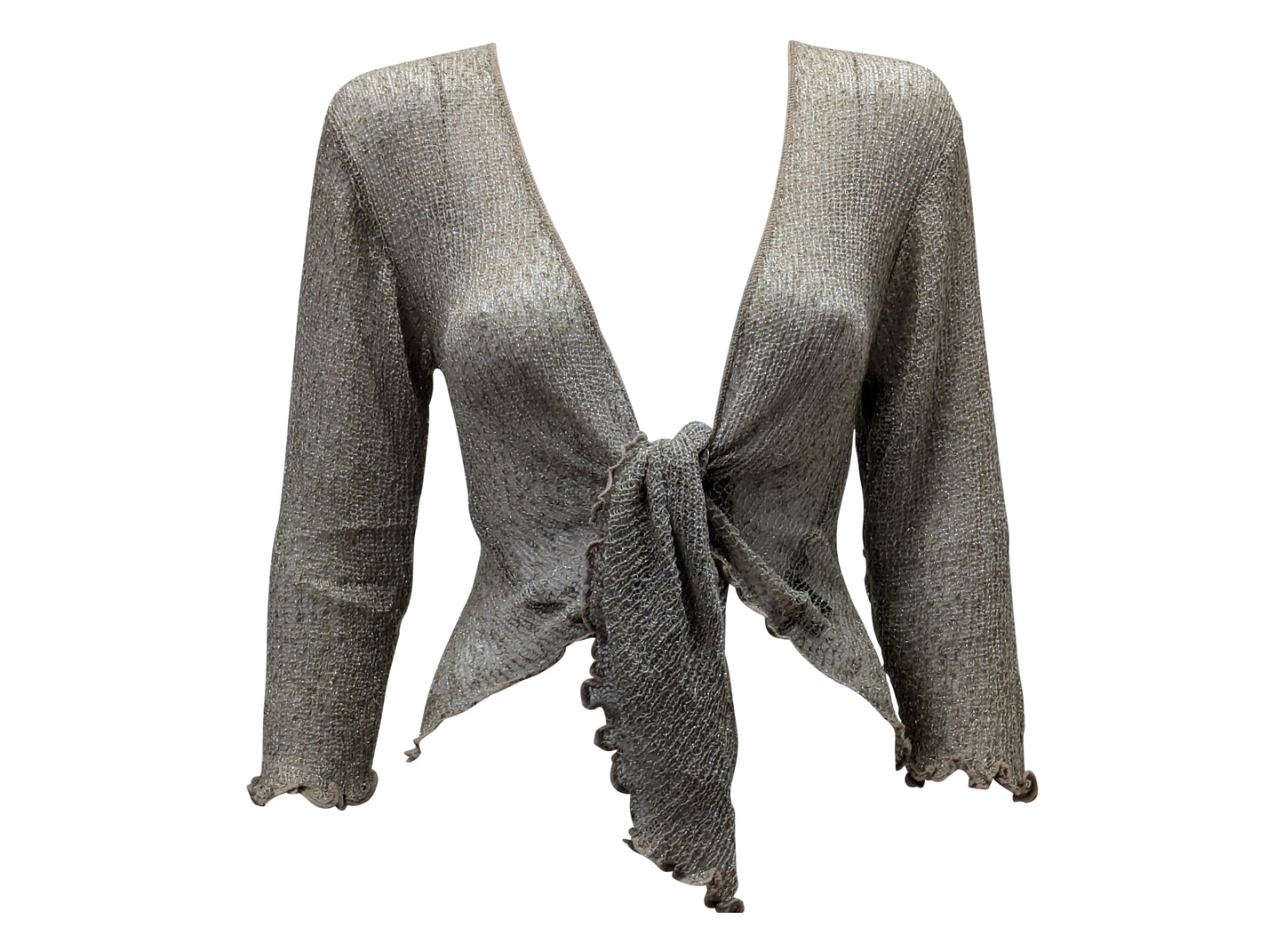 Women's Boho Lurex Knit Shrug Chic Crochet style Cardigan onesize Up To 20 FAWN & SILVER