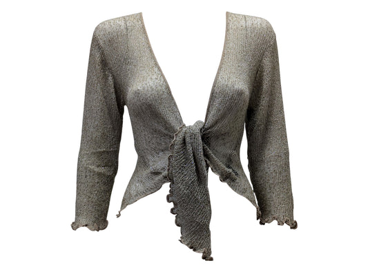 Women's Boho Lurex Knit Shrug Chic Crochet style Cardigan onesize Up To 20 FAWN & SILVER