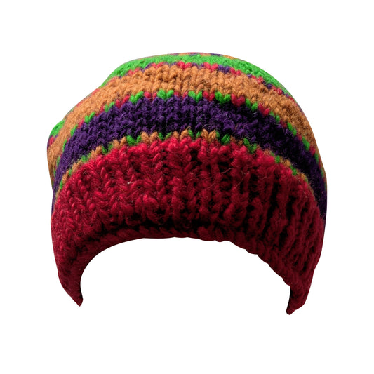 Hand Knit Wool Beanie: Striped Fleece Lined Winter Hat - P107