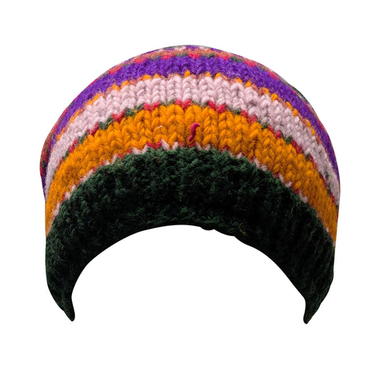 Hand Knit Wool Beanie: Striped Fleece Lined Winter Hat - P109