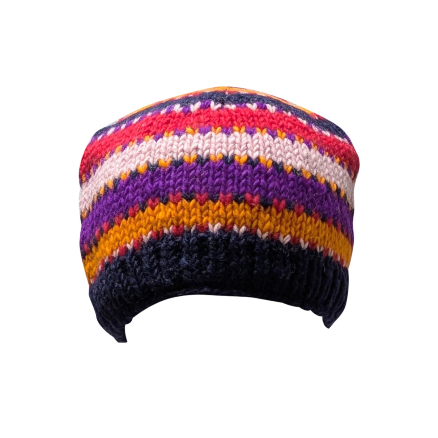 Hand Knit Wool Beanie: Striped Fleece Lined Winter Hat - P112