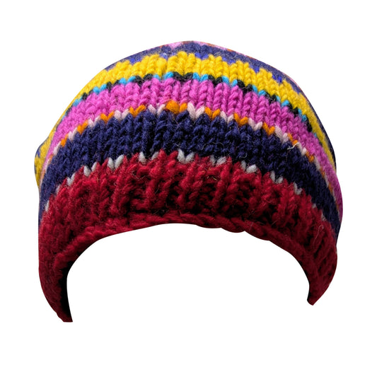 Hand Knit Wool Beanie: Striped Fleece Lined Winter Hat - P121