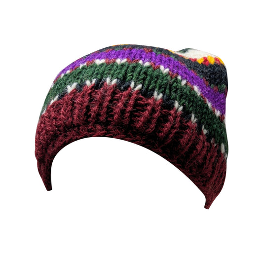 Hand Knit Wool Beanie: Striped Fleece Lined Winter Hat - P124
