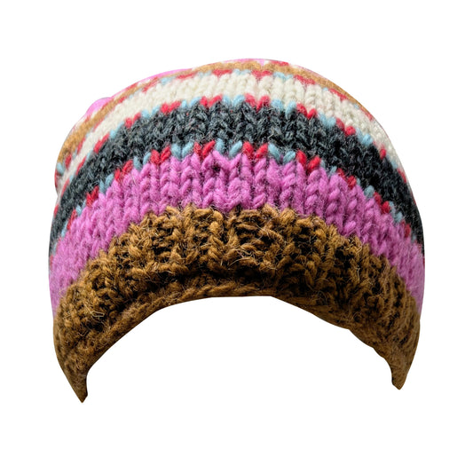 Hand Knit Wool Beanie: Striped Fleece Lined Winter Hat - P19