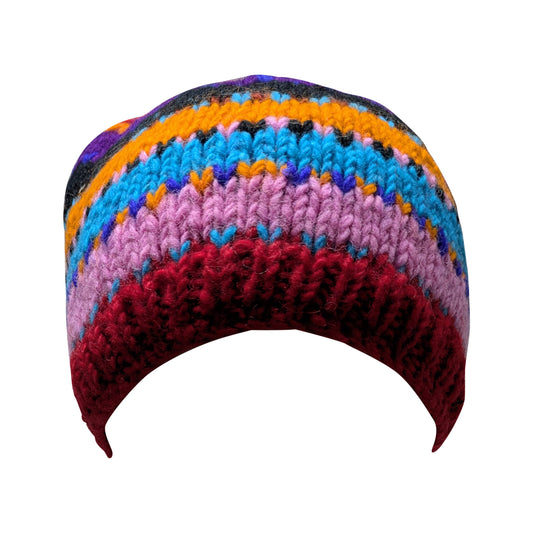 Hand Knit Wool Beanie: Striped Fleece Lined Winter Hat - P22