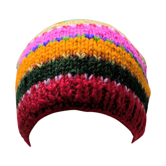 Hand Knit Wool Beanie: Striped Fleece Lined Winter Hat - P29