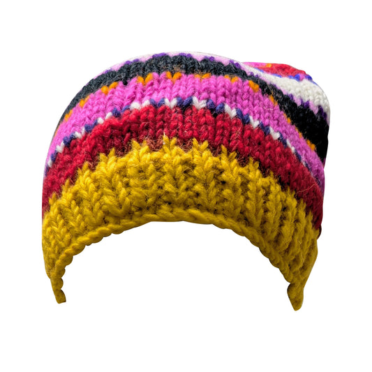 Hand Knit Wool Beanie: Striped Fleece Lined Winter Hat - P44