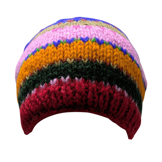 Hand Knit Wool Beanie: Striped Fleece Lined Winter Hat - P45