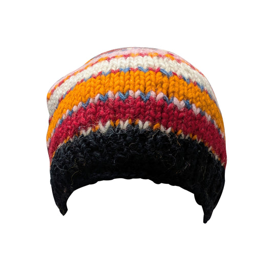 Hand Knit Wool Beanie: Striped Fleece Lined Winter Hat - P49