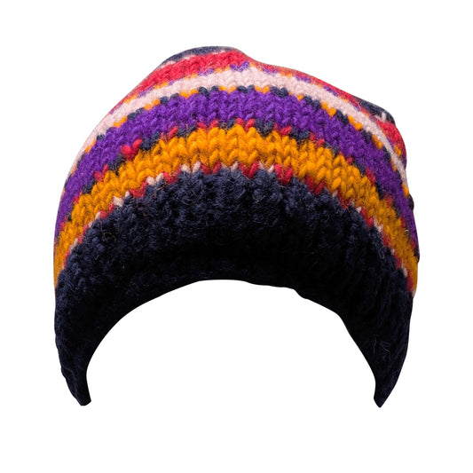 Hand Knit Wool Beanie: Striped Fleece Lined Winter Hat - P64