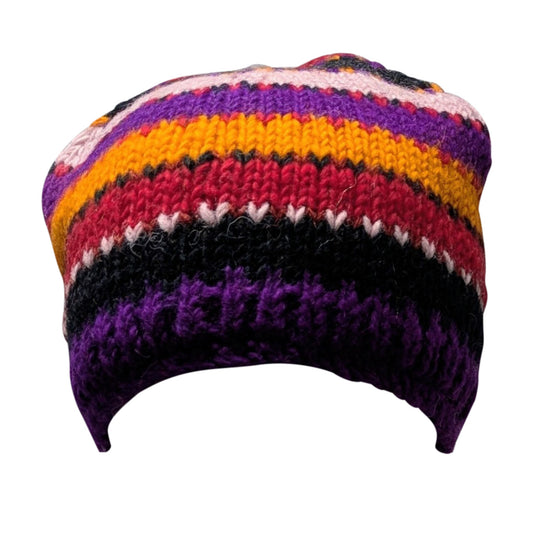 Hand Knit Wool Beanie: Striped Fleece Lined Winter Hat - P65