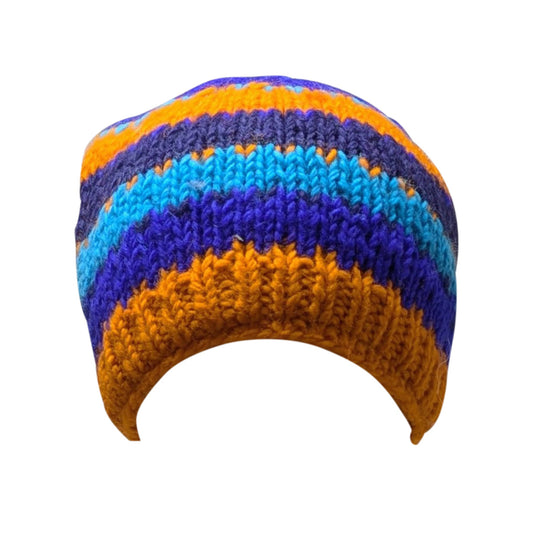 Hand Knit Wool Beanie: Striped Fleece Lined Winter Hat - P75