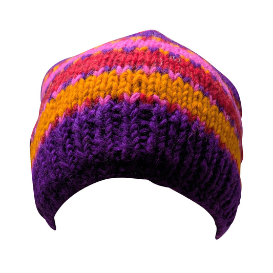 Hand Knit Wool Beanie: Striped Fleece Lined Winter Hat - P8