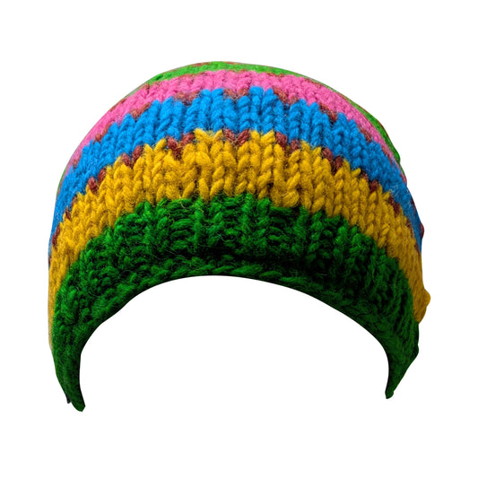 Hand Knit Wool Beanie: Striped Fleece Lined Winter Hat - P85