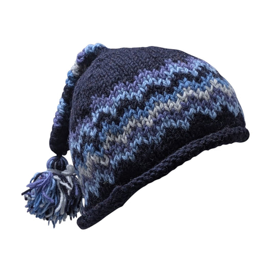 Handmade Wool Knit Beanie: Fleece Lined Winter Tassel Cap - BLUE