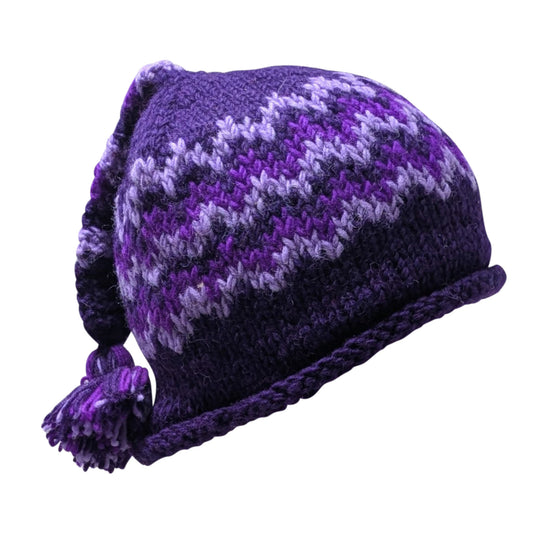 Handmade Wool Knit Beanie: Fleece Lined Winter Tassel Cap - PURPLE