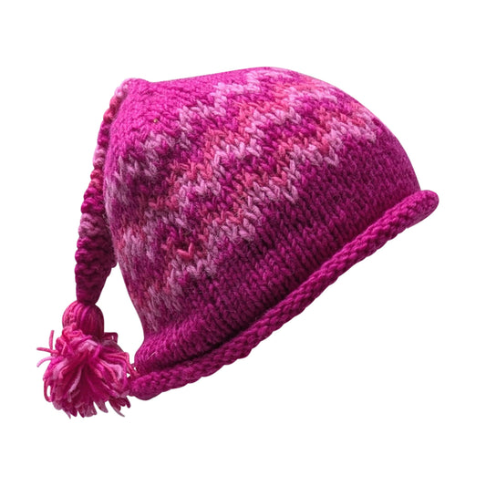 Handmade Wool Knit Beanie: Fleece Lined Winter Tassel Cap - PINK