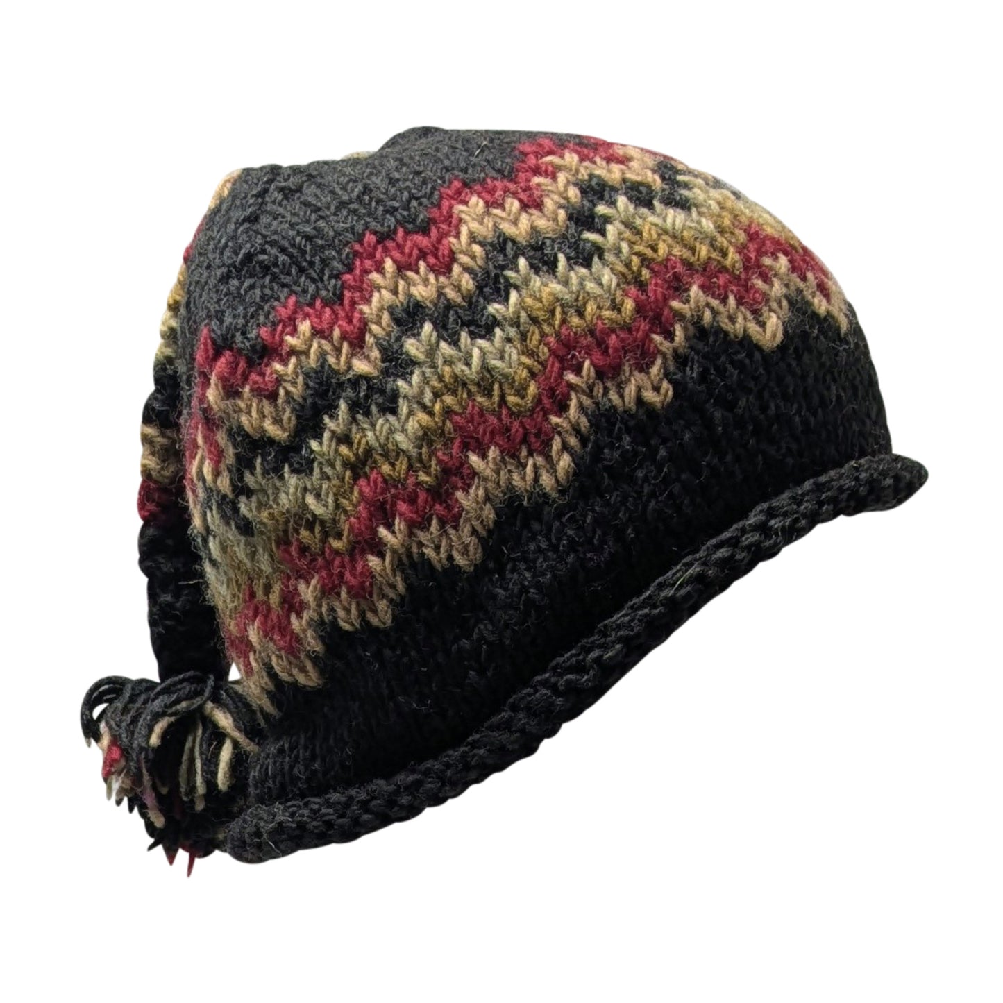 Handmade Wool Knit Beanie: Fleece Lined Winter Tassel Cap - BLACK
