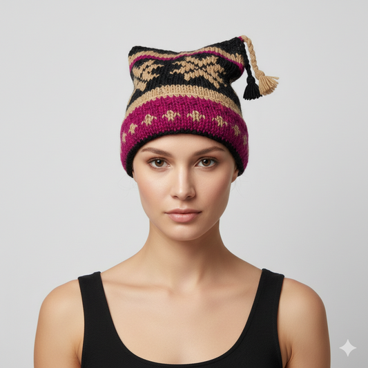 Recycled Hand Knit Jester Hat 100% Wool Boho Beanie Multi Tassel Warm Fleece Lined Winter Cap P494