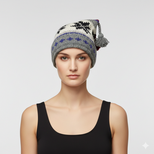 Recycled Hand Knit Jester Hat 100% Wool Boho Beanie Multi Tassel Warm Fleece Lined Winter Cap P495