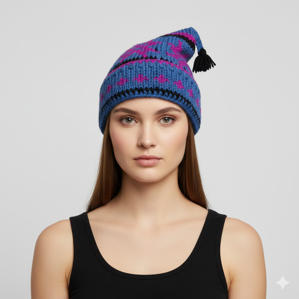 Recycled Hand Knit Jester Hat 100% Wool Boho Beanie Multi Tassel Warm Fleece Lined Winter Cap P496