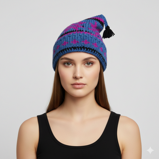 Recycled Hand Knit Jester Hat 100% Wool Boho Beanie Multi Tassel Warm Fleece Lined Winter Cap P496