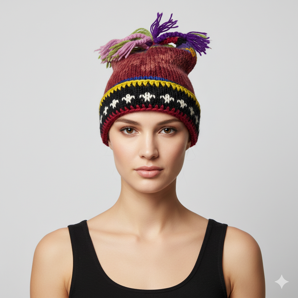 Recycled Hand Knit Jester Hat 100% Wool Boho Beanie Multi Tassel Warm Fleece Lined Winter Cap P506