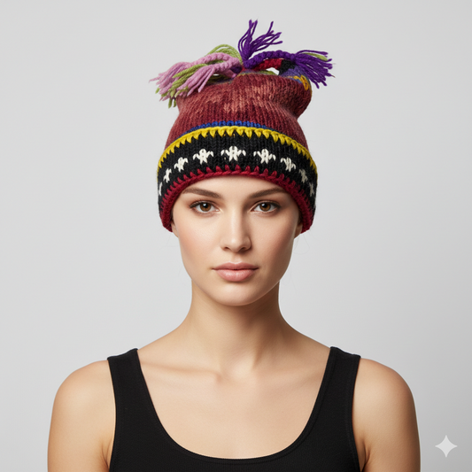 Recycled Hand Knit Jester Hat 100% Wool Boho Beanie Multi Tassel Warm Fleece Lined Winter Cap P506