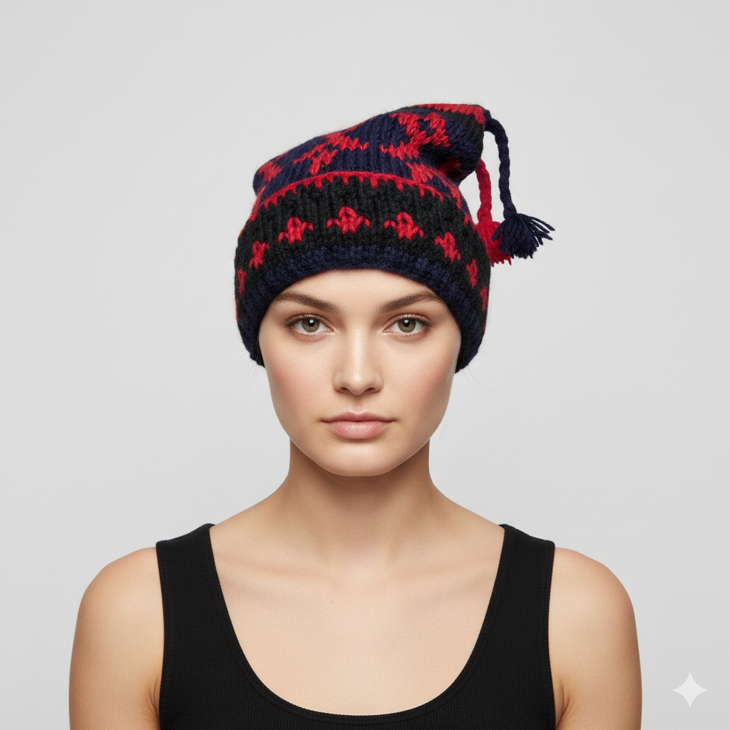 Hand Knit Recycled Wool Beanie: Fleece Lined Winter Hat - p86