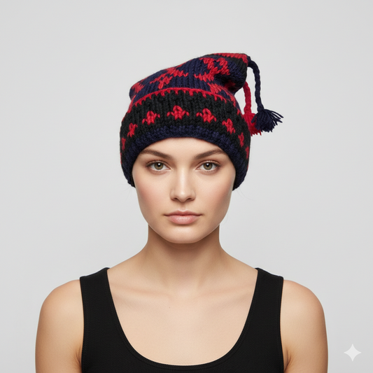 Hand Knit Recycled Wool Beanie: Fleece Lined Winter Hat - p86