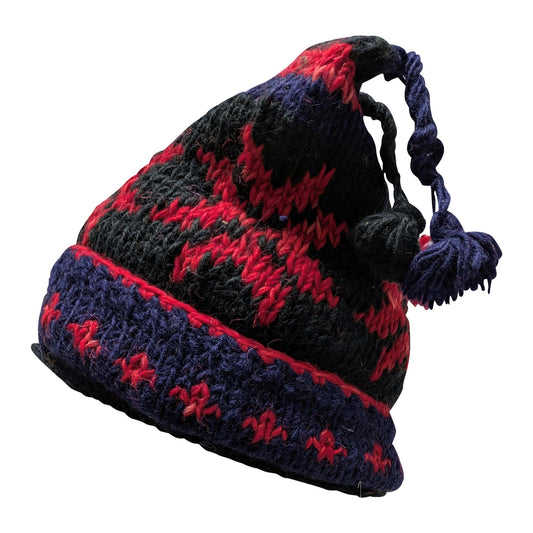 Recycled Hand Knit Jester Hat 100% Wool Boho Beanie Multi Tassel Warm Fleece Lined Winter Cap P01