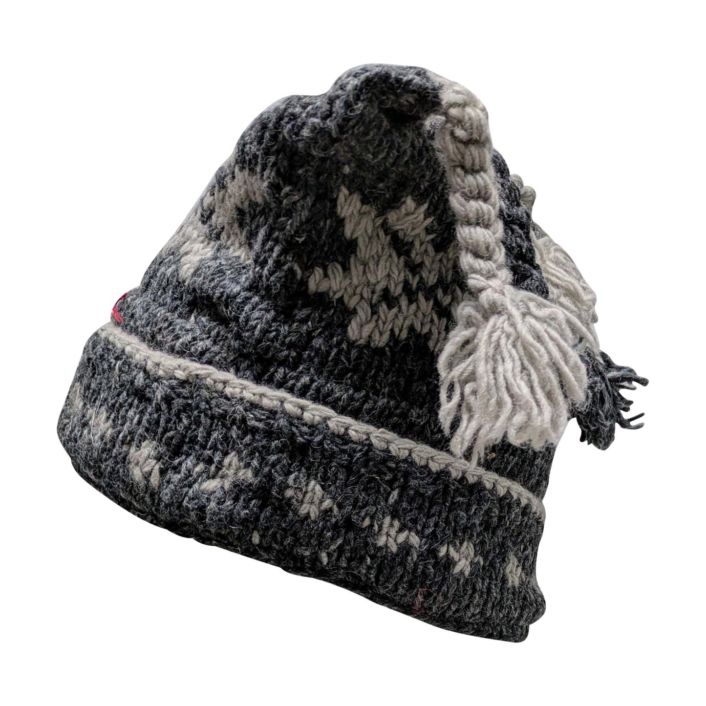 Recycled Hand Knit Jester Hat 100% Wool Boho Beanie Multi Tassel Warm Fleece Lined Winter Cap P02