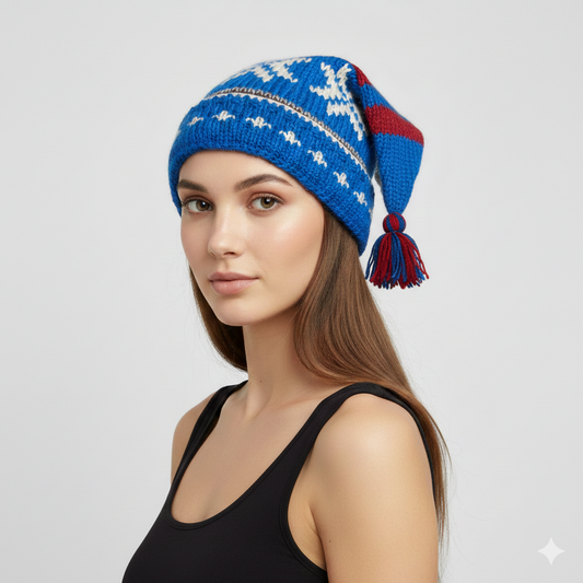 Recycled Hand Knit Jester Hat 100% Wool Boho Beanie Multi Tassel Warm Fleece Lined Winter Cap P08