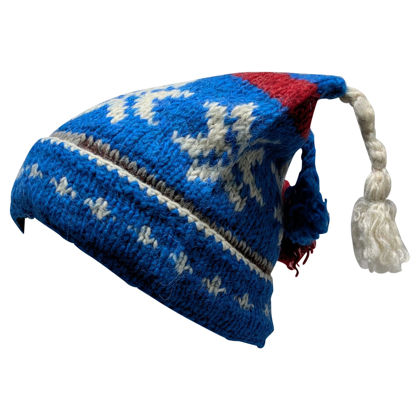 Recycled Hand Knit Jester Hat 100% Wool Boho Beanie Multi Tassel Warm Fleece Lined Winter Cap P08