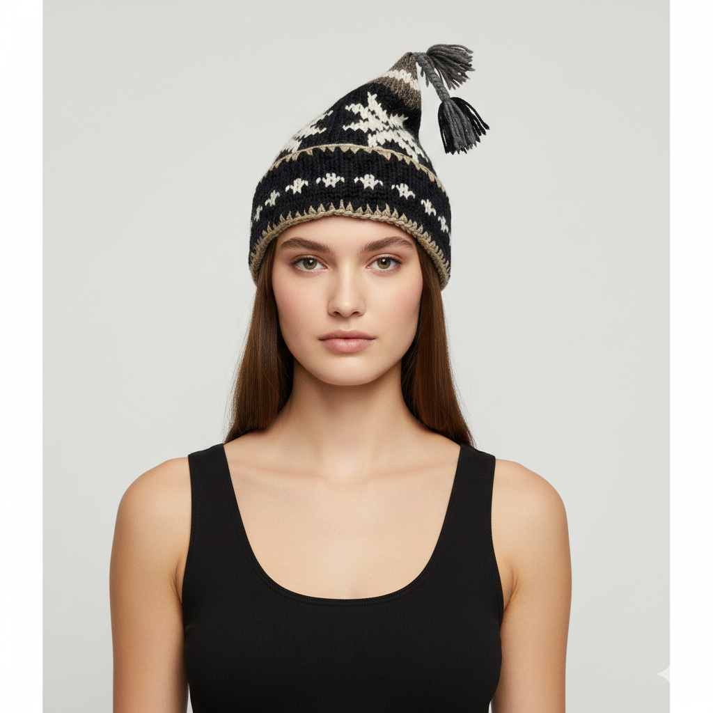 Recycled Hand Knit Jester Hat 100% Wool Boho Beanie Multi Tassel Warm Fleece Lined Winter Cap P09