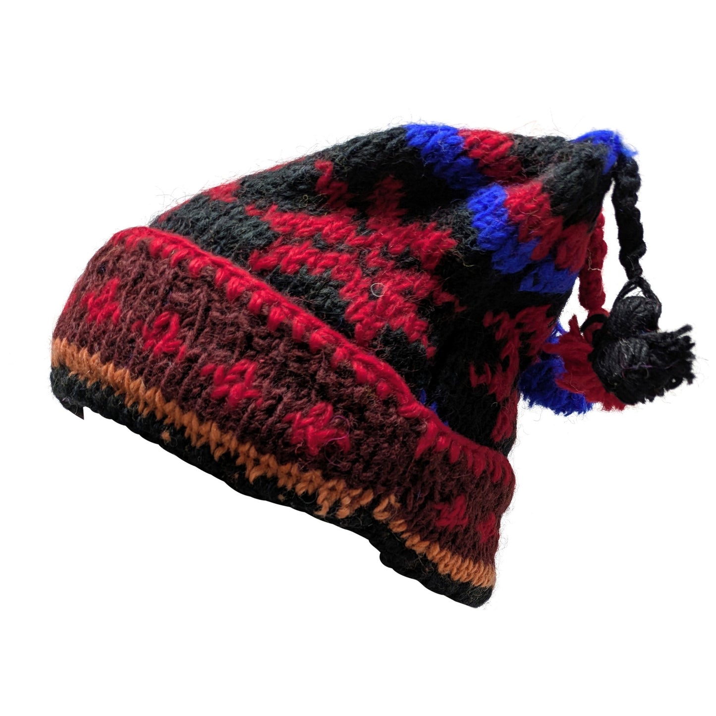 Recycled Hand Knit Jester Hat 100% Wool Boho Beanie Multi Tassel Warm Fleece Lined Winter Cap P111