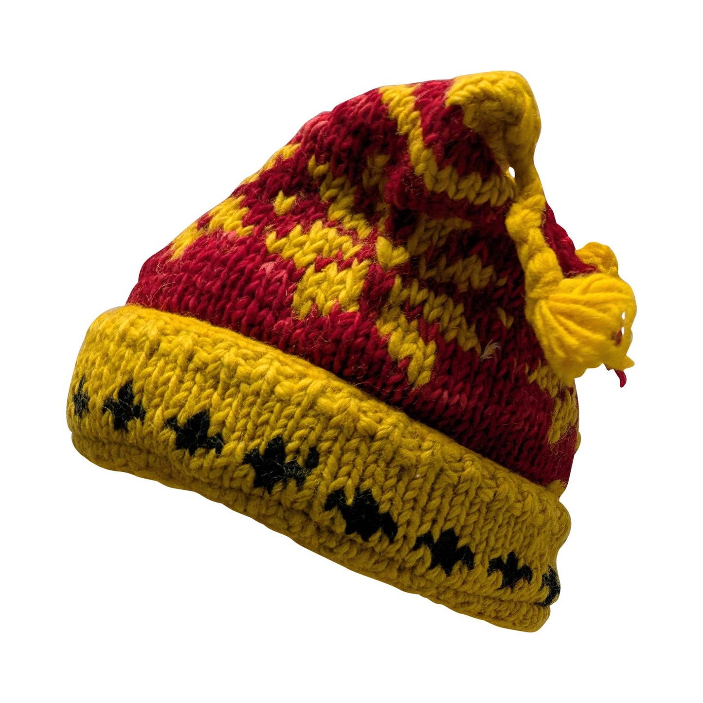 Recycled Hand Knit Jester Hat 100% Wool Boho Beanie Multi Tassel Warm Fleece Lined Winter Cap P112