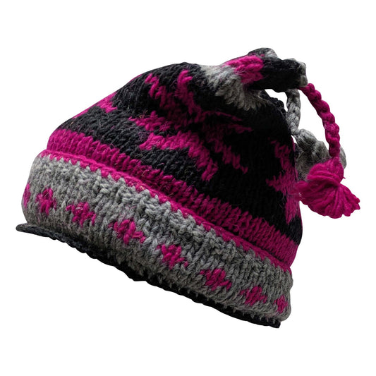 Recycled Hand Knit Jester Hat 100% Wool Boho Beanie Multi Tassel Warm Fleece Lined Winter Cap P113