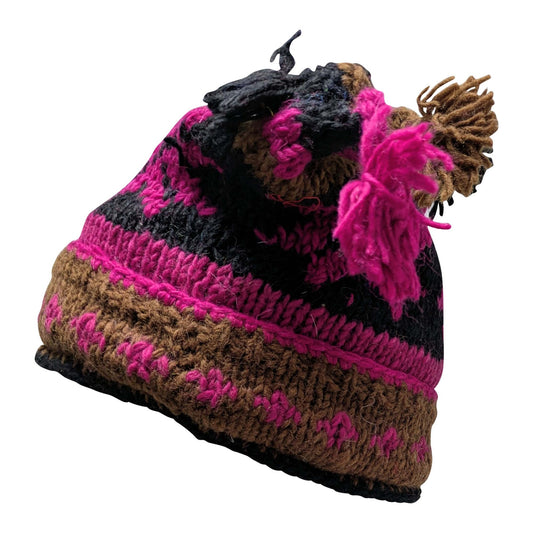 Recycled Hand Knit Jester Hat 100% Wool Boho Beanie Multi Tassel Warm Fleece Lined Winter Cap P114
