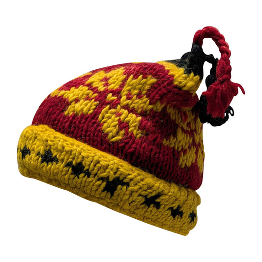 Recycled Hand Knit Jester Hat 100% Wool Boho Beanie Multi Tassel Warm Fleece Lined Winter Cap P116