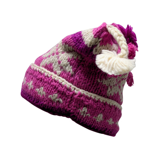 Recycled Hand Knit Jester Hat 100% Wool Boho Beanie Multi Tassel Warm Fleece Lined Winter Cap P117
