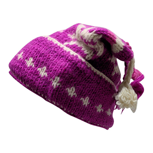 Recycled Hand Knit Jester Hat 100% Wool Boho Beanie Multi Tassel Warm Fleece Lined Winter Cap P118