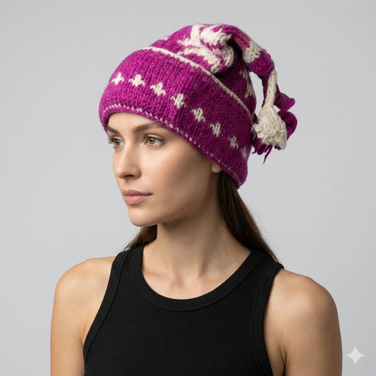 Hand Knit Recycled Wool Beanie: Fleece Lined Winter Hat - p118