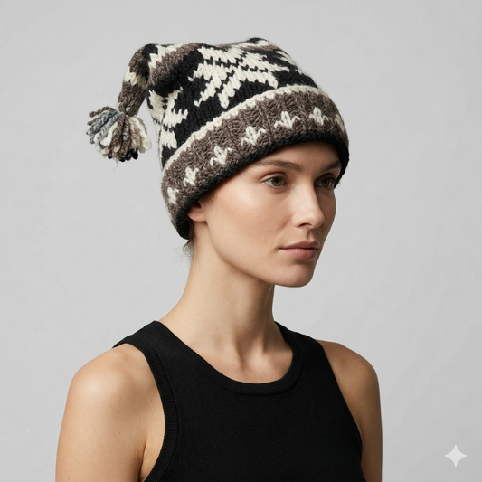 Hand Knit Recycled Wool Beanie: Fleece Lined Winter Hat - p119