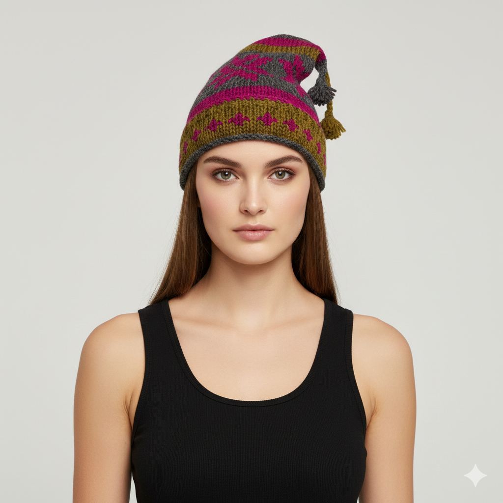 Recycled Hand Knit Jester Hat 100% Wool Boho Beanie Multi Tassel Warm Fleece Lined Winter Cap P307