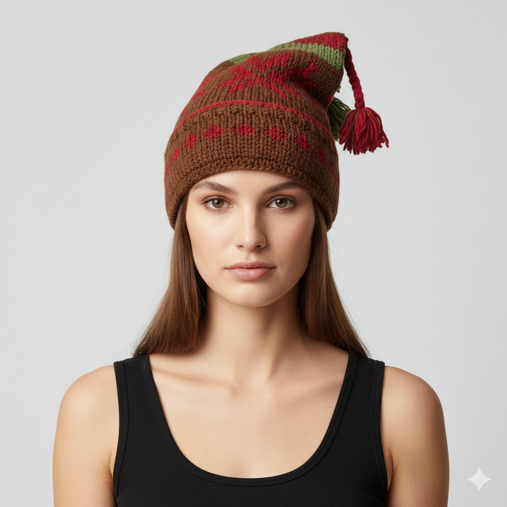 Recycled Hand Knit Jester Hat 100% Wool Boho Beanie Multi Tassel Warm Fleece Lined Winter Cap P308